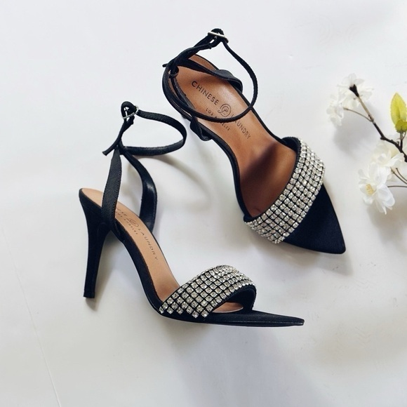 New Chinese Laundry Justine Sandal Black Rhinestones Ankle Strap - Picture 3 of 10